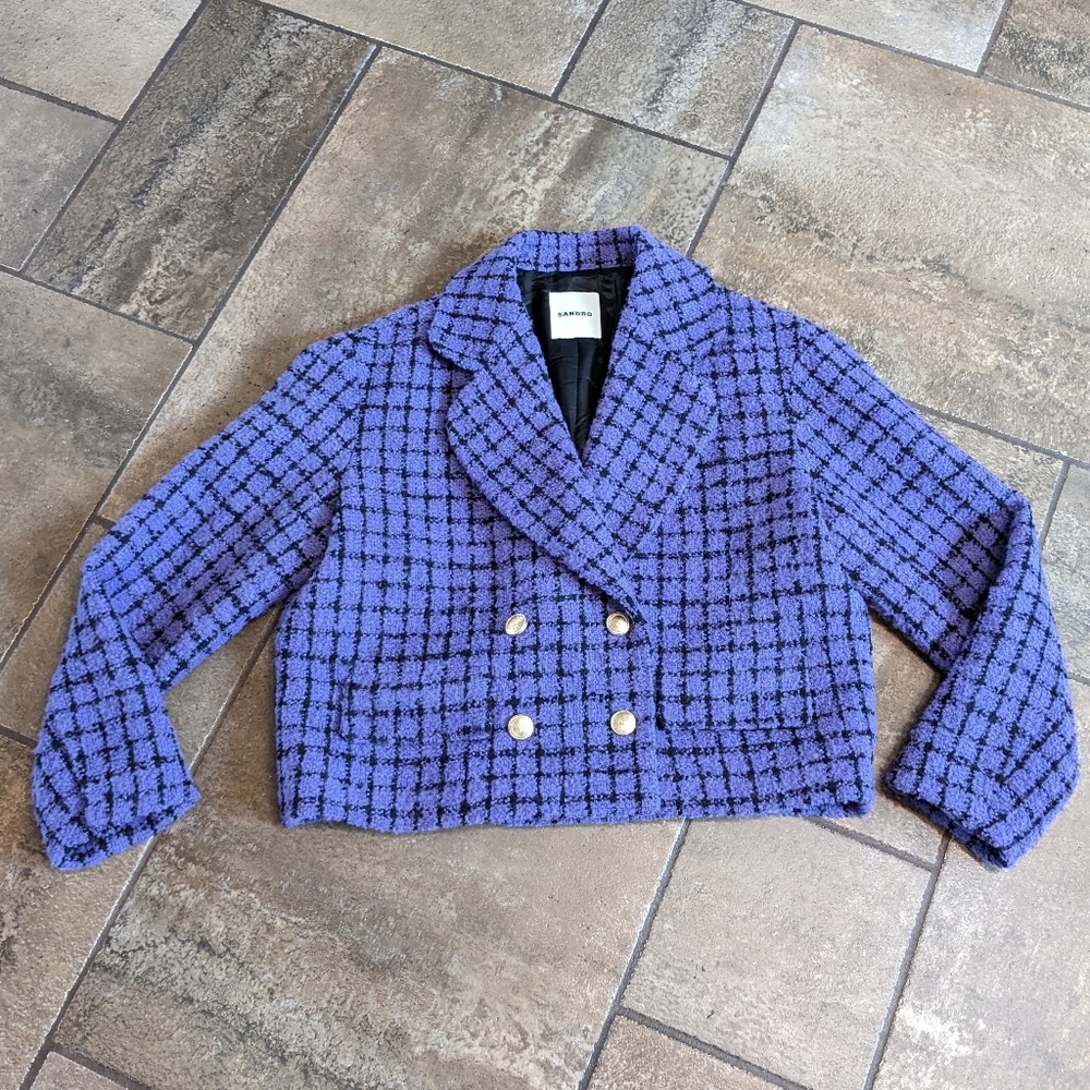 Sandro Simona Double Breasted Crop Tweed Wool Blazer Jacket Purple/Black Size 36